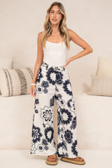 Zoe Pants - High Waisted Wide Leg Pants in Neve Print Navy