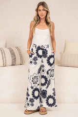 Zoe Pants - High Waisted Wide Leg Pants in Neve Print Navy