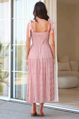 Zoella Midi Dress - Tie Strap Textured Tiered Dress in Blush