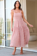 Zoella Midi Dress - Tie Strap Textured Tiered Dress in Blush