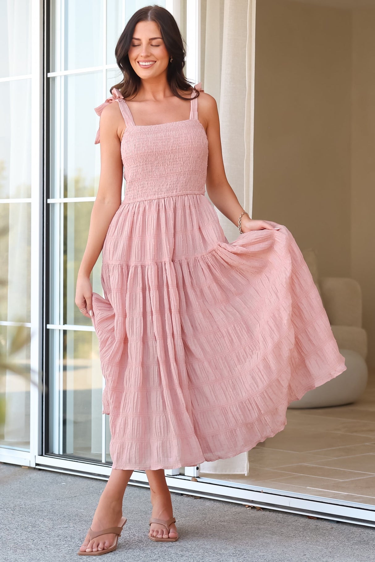 Zoella Midi Dress - Tie Strap Textured Tiered Dress in Blush