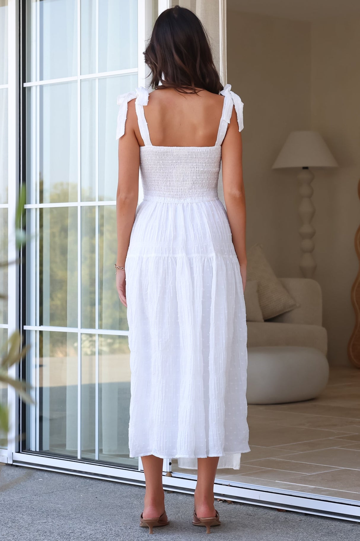 Zoella Midi Dress - Tie Strap Textured Tiered Dress in White