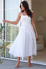 Zoella Midi Dress - Tie Strap Textured Tiered Dress in White