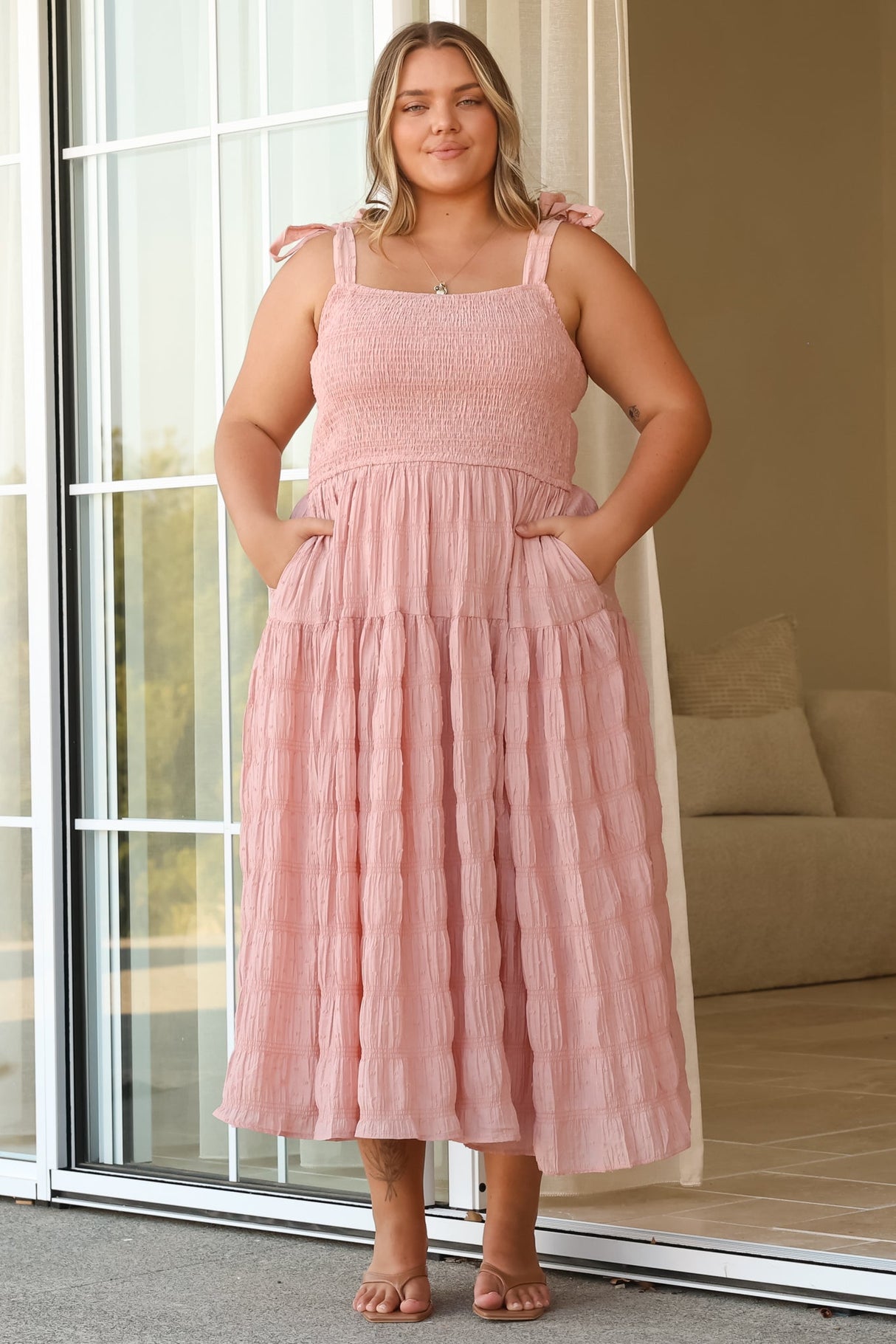 Zoella Midi Dress - Tie Strap Textured Tiered Dress in Blush