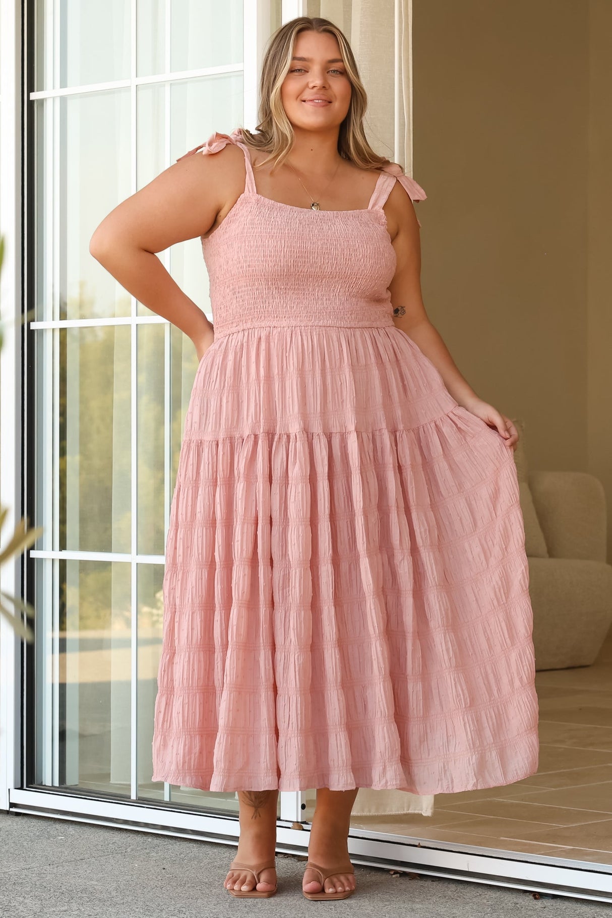Zoella Midi Dress - Tie Strap Textured Tiered Dress in Blush