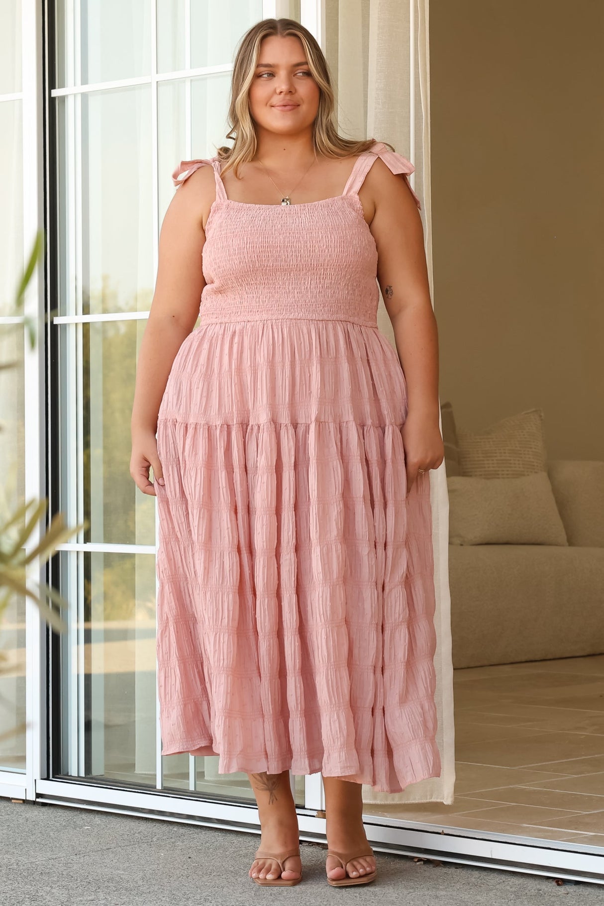 Zoella Midi Dress - Tie Strap Textured Tiered Dress in Blush