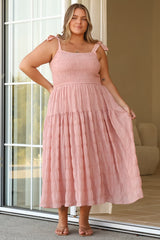 Zoella Midi Dress - Tie Strap Textured Tiered Dress in Blush