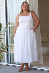 Zoella Midi Dress - Tie Strap Textured Tiered Dress in White