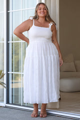 Zoella Midi Dress - Tie Strap Textured Tiered Dress in White