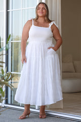 Zoella Midi Dress - Tie Strap Textured Tiered Dress in White