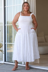 Zoella Midi Dress - Tie Strap Textured Tiered Dress in White