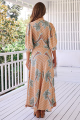 JAASE - Zoie Maxi Dress: Deep V Neck A Line Dress in Sahara Sunset Print