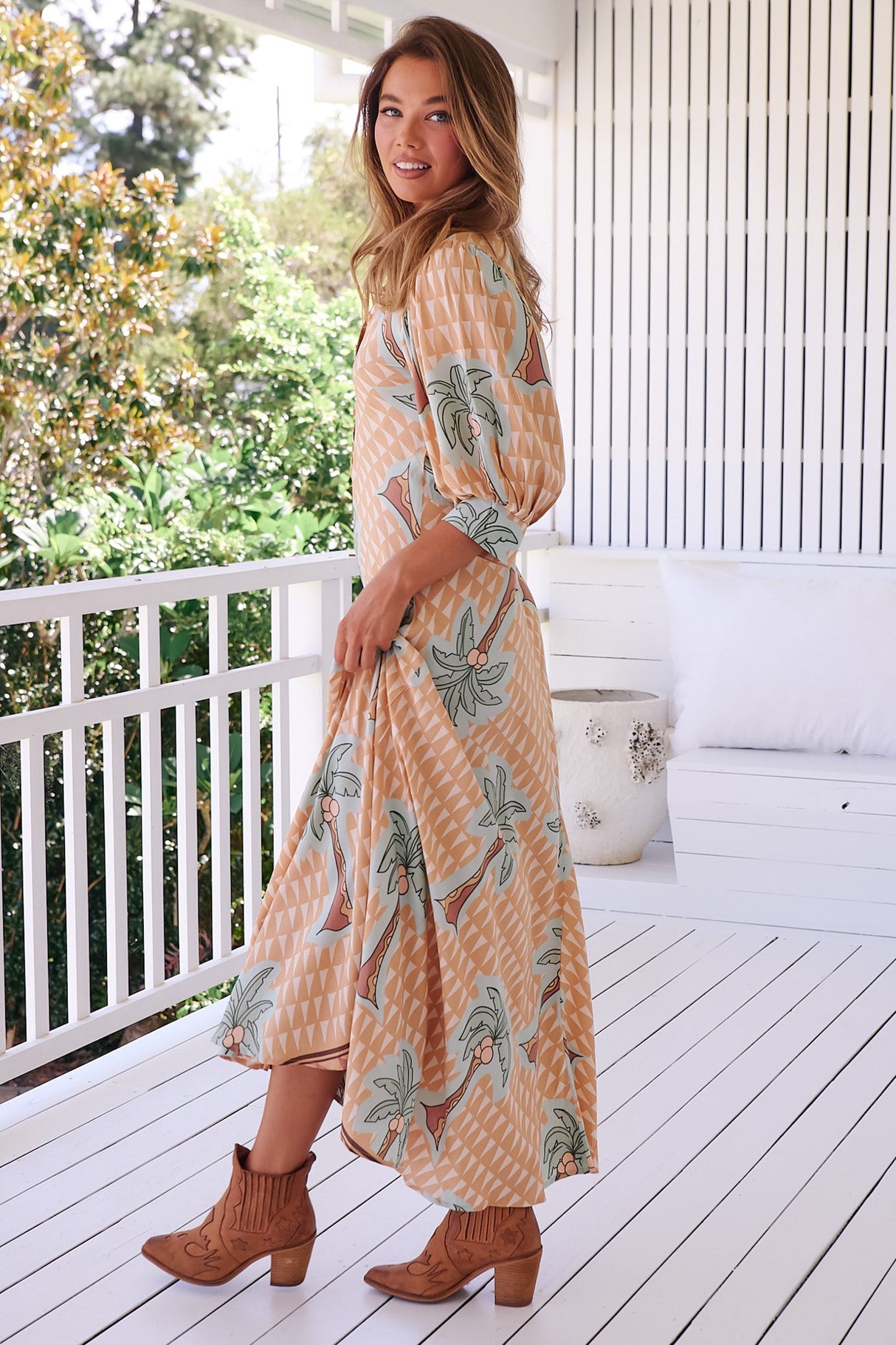 JAASE - Zoie Maxi Dress: Deep V Neck A Line Dress in Sahara Sunset Print