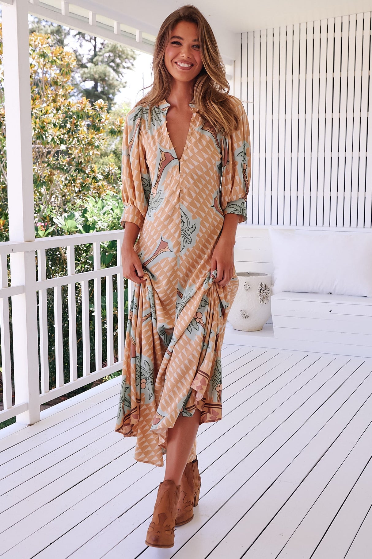 JAASE - Zoie Maxi Dress: Deep V Neck A Line Dress in Sahara Sunset Print