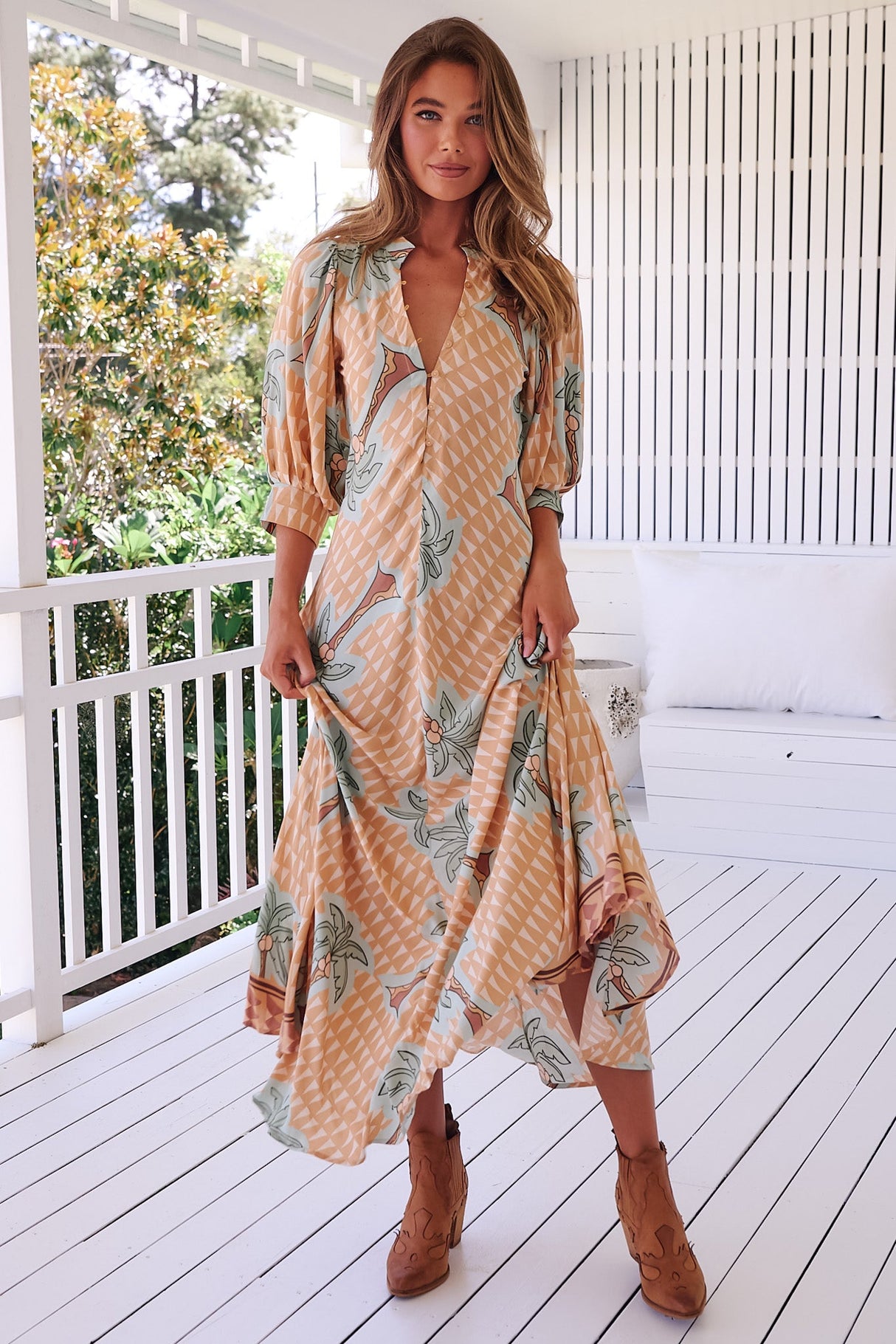 JAASE - Zoie Maxi Dress: Deep V Neck A Line Dress in Sahara Sunset Print