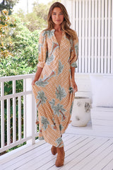 JAASE - Zoie Maxi Dress: Deep V Neck A Line Dress in Sahara Sunset Print