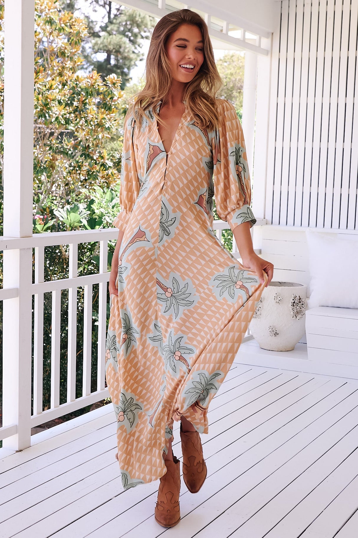 JAASE - Zoie Maxi Dress: Deep V Neck A Line Dress in Sahara Sunset Print