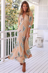 JAASE - Zoie Maxi Dress: Deep V Neck A Line Dress in Sahara Sunset Print