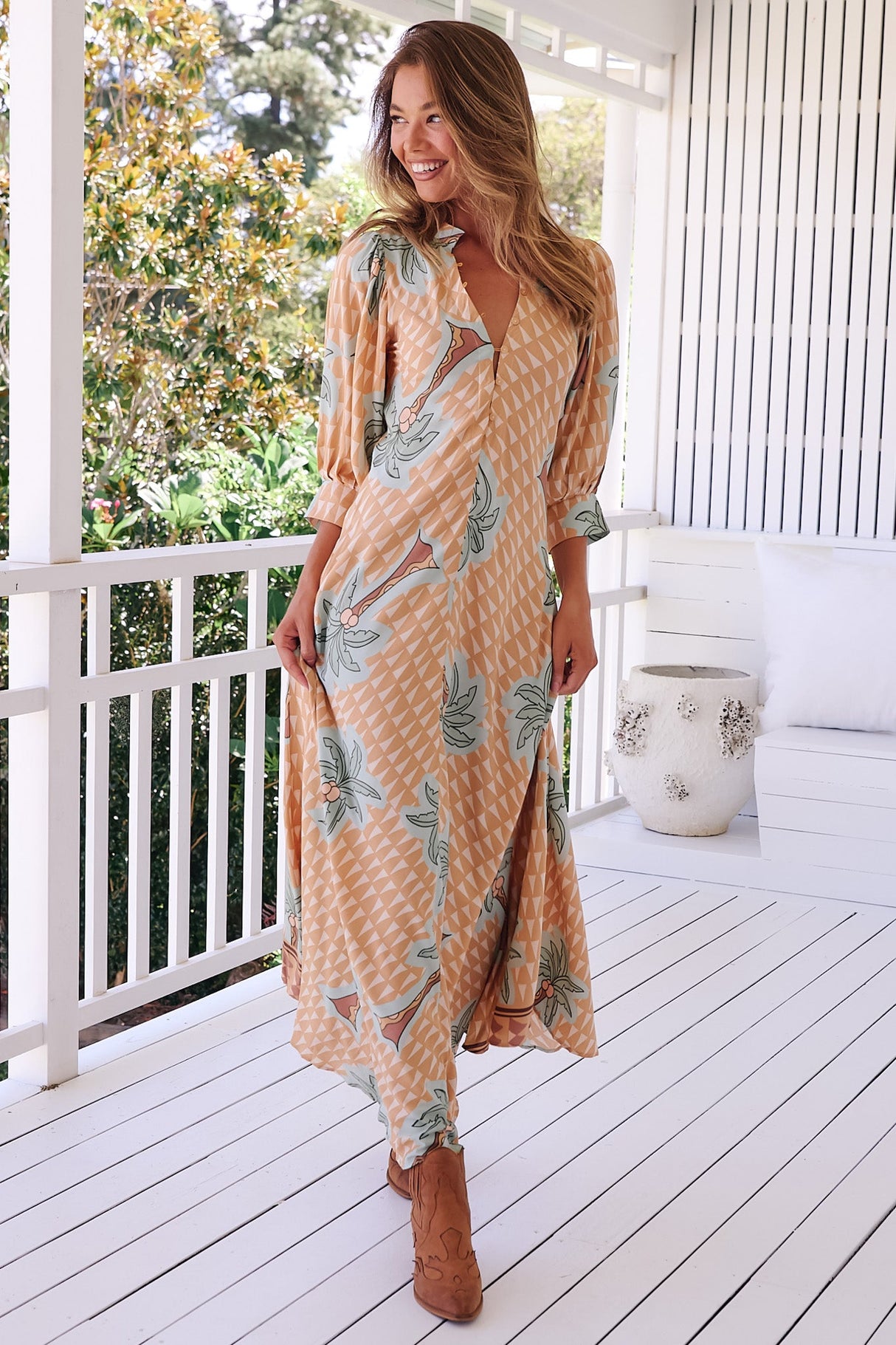 JAASE - Zoie Maxi Dress: Deep V Neck A Line Dress in Sahara Sunset Print