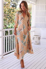 JAASE - Zoie Maxi Dress: Deep V Neck A Line Dress in Sahara Sunset Print