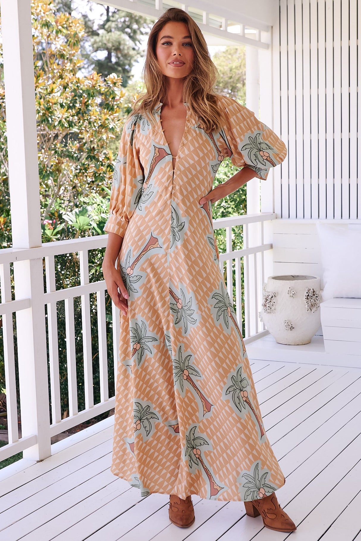 JAASE - Zoie Maxi Dress: Deep V Neck A Line Dress in Sahara Sunset Print