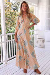 JAASE - Zoie Maxi Dress: Deep V Neck A Line Dress in Sahara Sunset Print