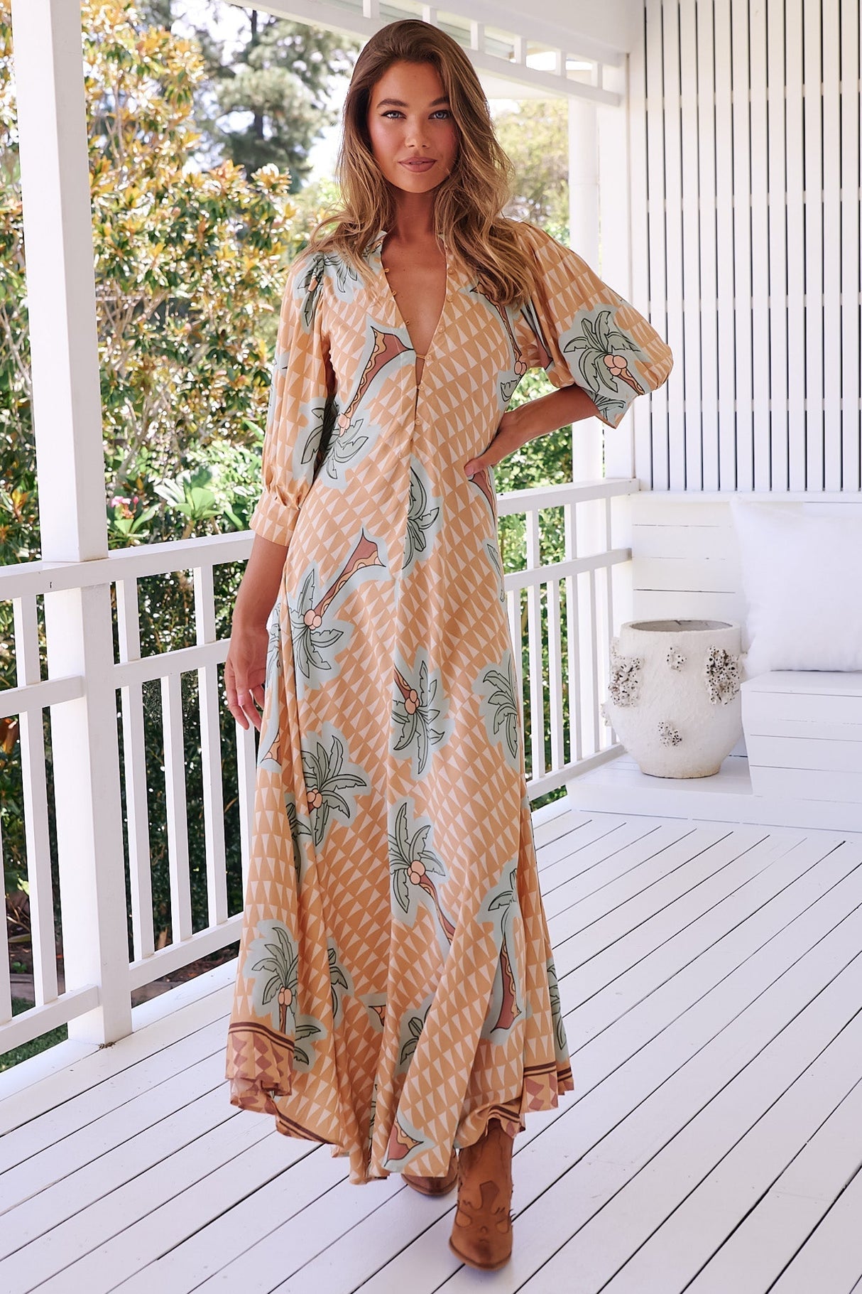 JAASE - Zoie Maxi Dress: Deep V Neck A Line Dress in Sahara Sunset Print