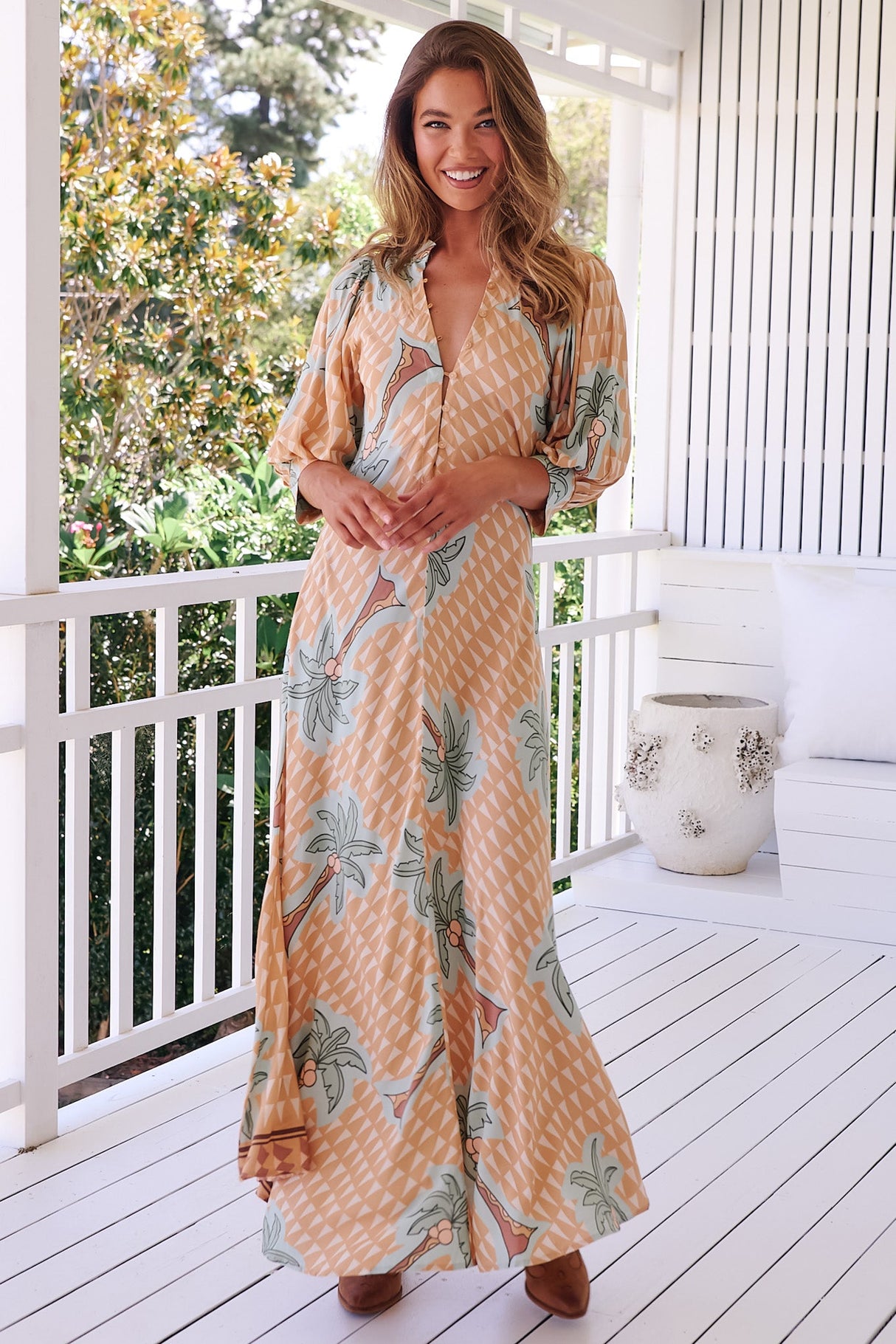 JAASE - Zoie Maxi Dress: Deep V Neck A Line Dress in Sahara Sunset Print