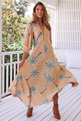 JAASE - Zoie Maxi Dress: Deep V Neck A Line Dress in Sahara Sunset Print