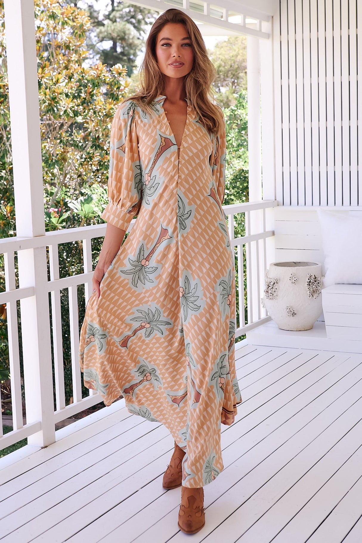 JAASE - Zoie Maxi Dress: Deep V Neck A Line Dress in Sahara Sunset Print