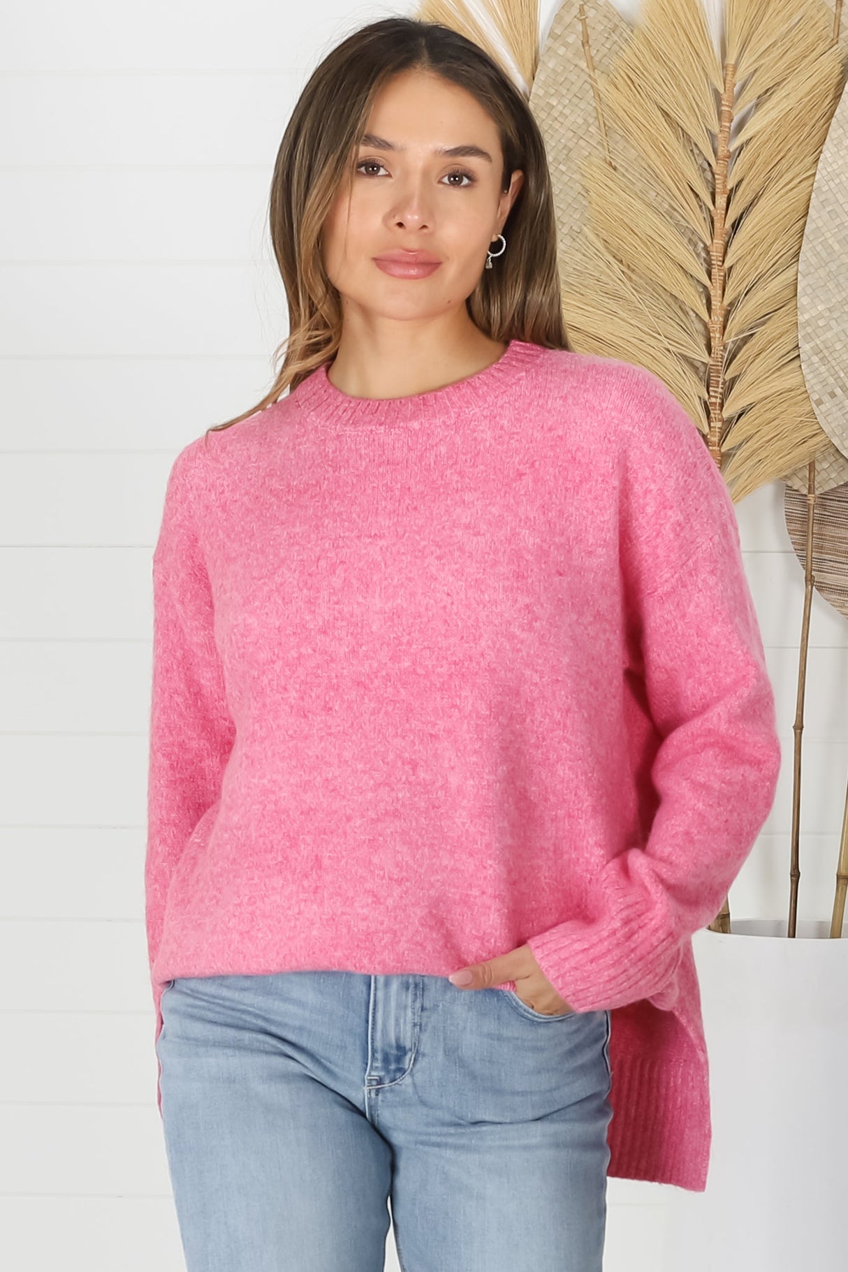 Zollana Jumper - Long Sleeve Step Hem Jumper in Pink