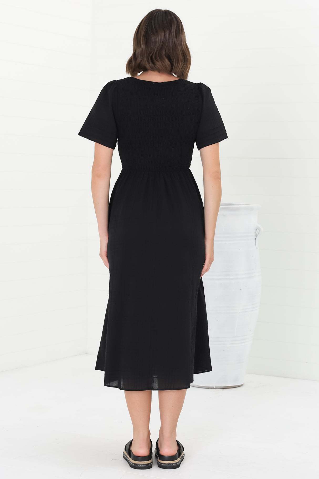 Zoya Midi Dress - Crew Neck Textured A-Line Dress with Short Sleeves in Black