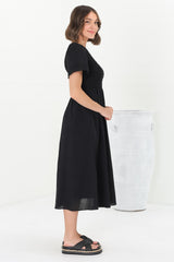 Zoya Midi Dress - Crew Neck Textured A-Line Dress with Short Sleeves in Black