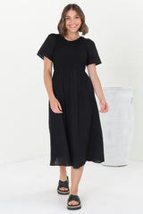 Zoya Midi Dress - Crew Neck Textured A-Line Dress with Short Sleeves in Black