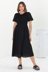 Zoya Midi Dress - Crew Neck Textured A-Line Dress with Short Sleeves in Black