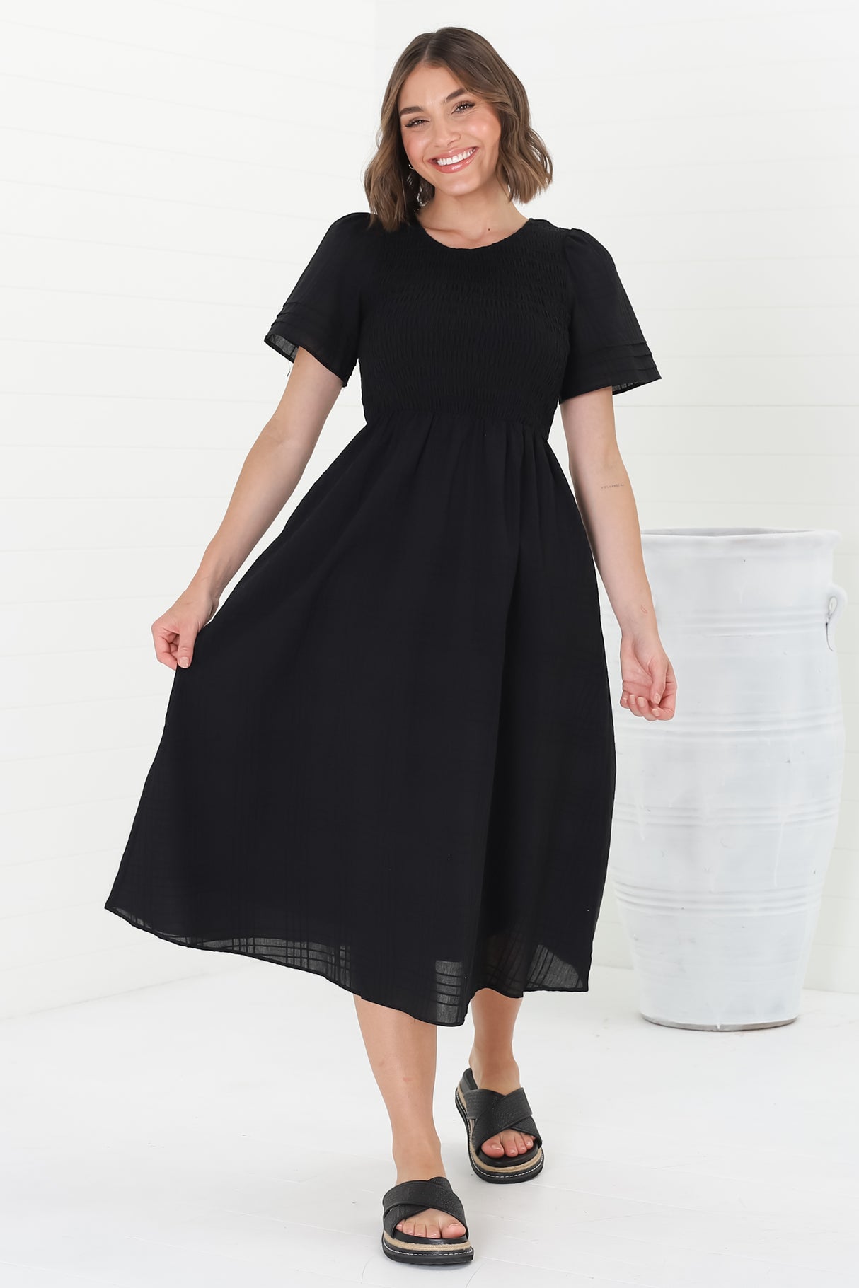 Zoya Midi Dress - Crew Neck Textured A-Line Dress with Short Sleeves in Black