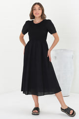 Zoya Midi Dress - Crew Neck Textured A-Line Dress with Short Sleeves in Black