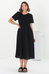 Zoya Midi Dress - Crew Neck Textured A-Line Dress with Short Sleeves in Black