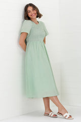 Zoya Midi Dress - Crew Neck Textured A-Line Dress with Short Sleeves in Mint