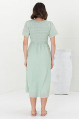 Zoya Midi Dress - Crew Neck Textured A-Line Dress with Short Sleeves in Mint