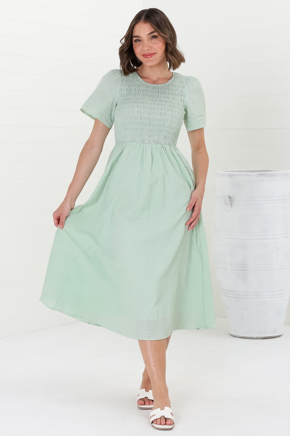 Zoya Midi Dress - Crew Neck Textured A-Line Dress with Short Sleeves in Mint