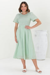 Zoya Midi Dress - Crew Neck Textured A-Line Dress with Short Sleeves in Mint