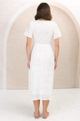 Zoya Midi Dress - Crew Neck Textured A-Line Dress with Short Sleeves in Off White