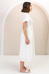 Zoya Midi Dress - Crew Neck Textured A-Line Dress with Short Sleeves in Off White