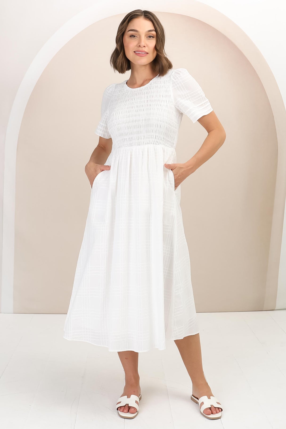 Zoya Midi Dress - Crew Neck Textured A-Line Dress with Short Sleeves in Off White