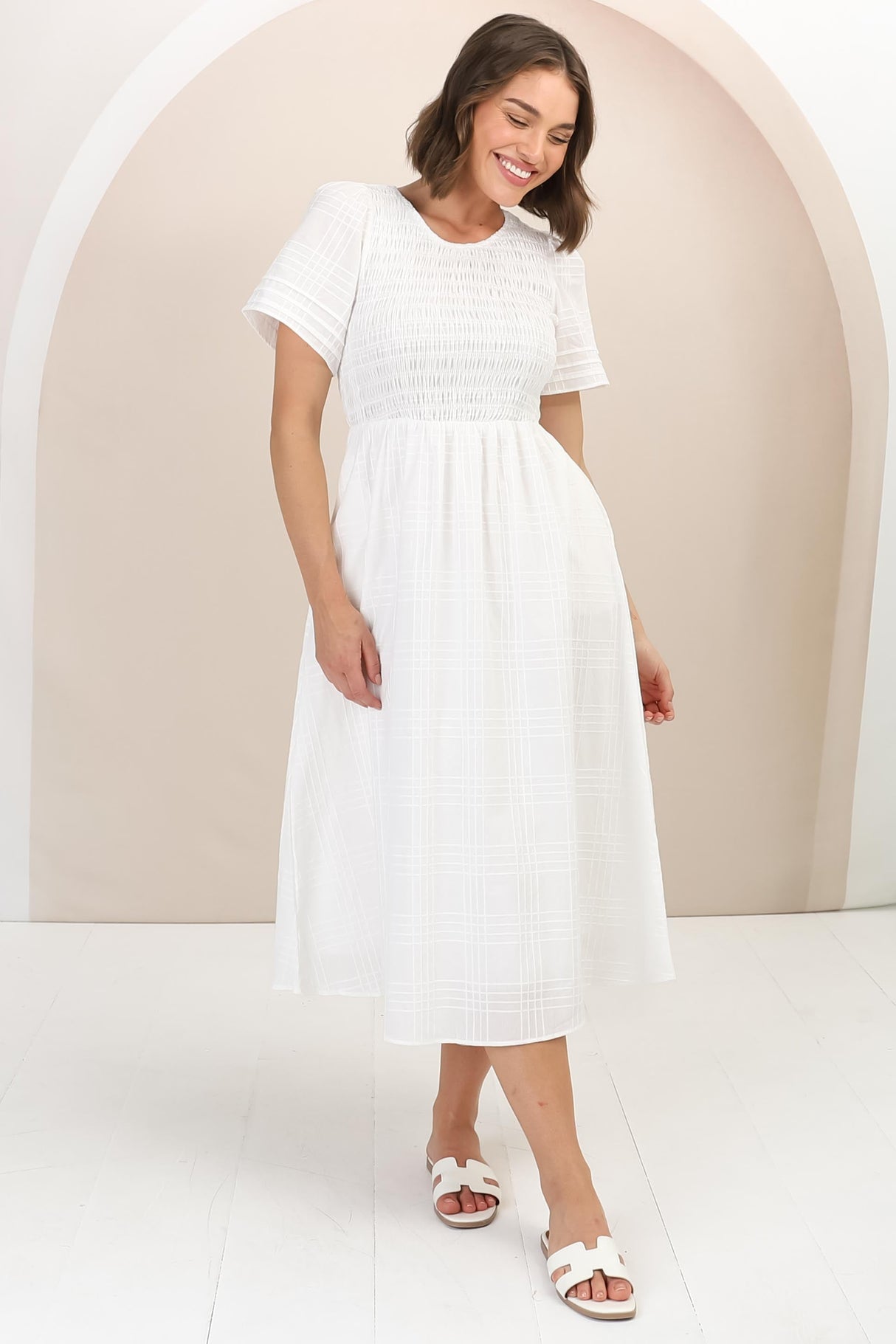 Zoya Midi Dress - Crew Neck Textured A-Line Dress with Short Sleeves in Off White