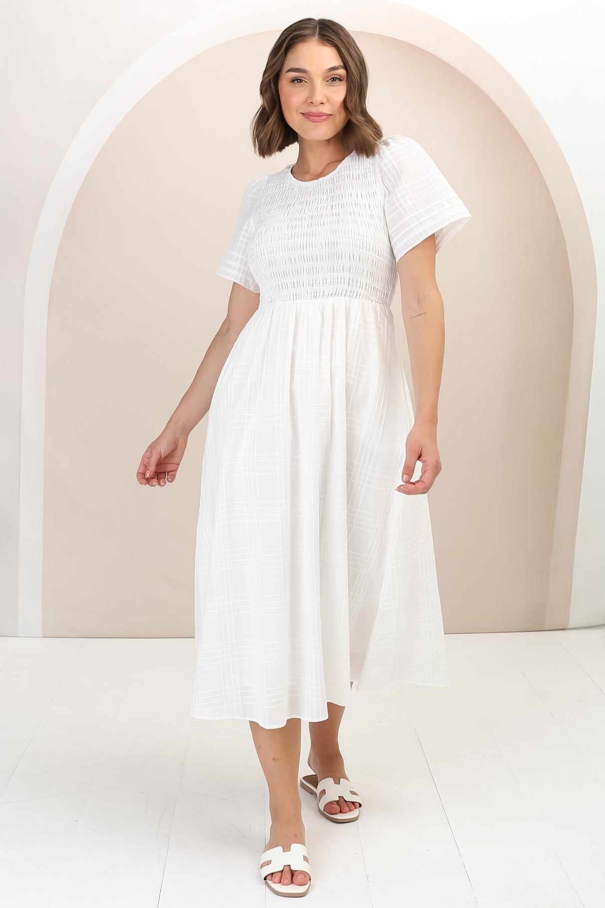 Zoya Midi Dress - Crew Neck Textured A-Line Dress with Short Sleeves in Off White