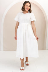 Zoya Midi Dress - Crew Neck Textured A-Line Dress with Short Sleeves in Off White