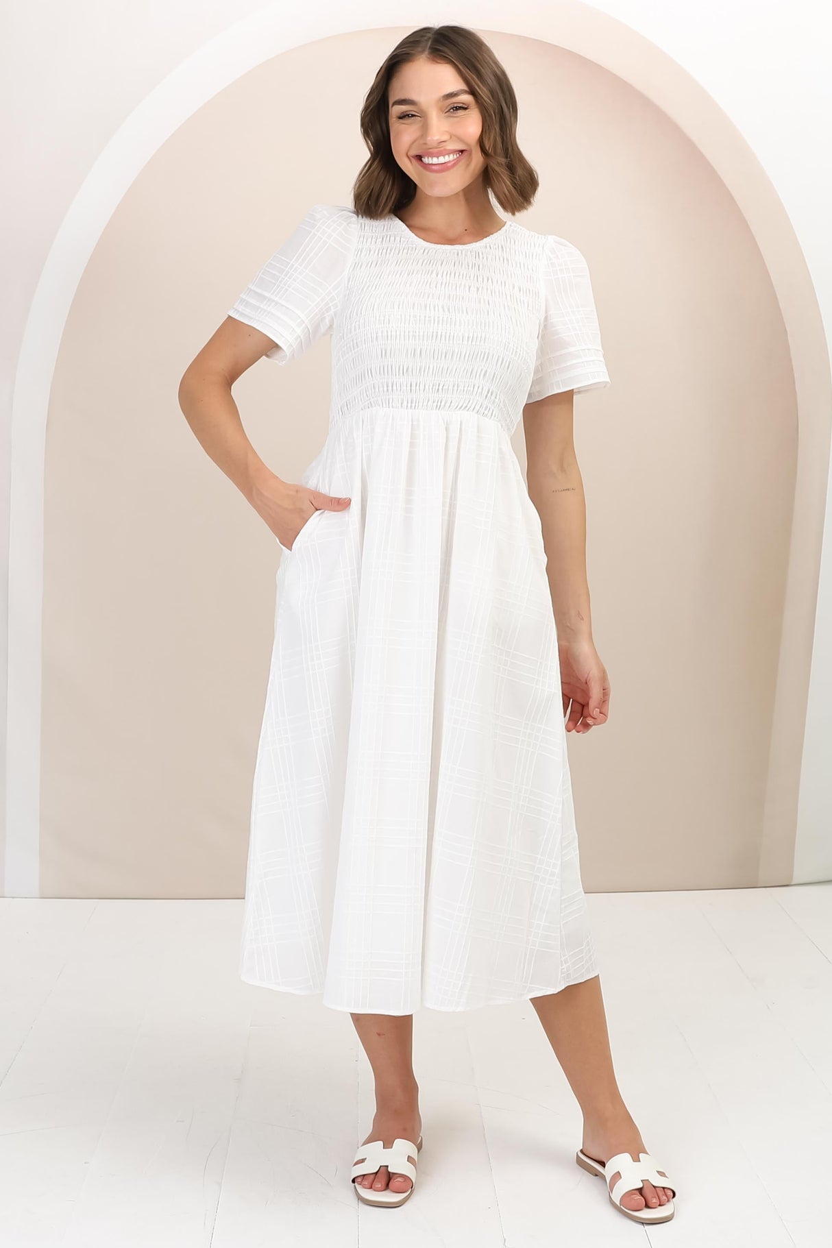 Zoya Midi Dress - Crew Neck Textured A-Line Dress with Short Sleeves in Off White