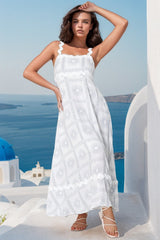 Bailie Maxi Dress - Rick Rack Detailed Sun Dress with Pockets Astra Print in White